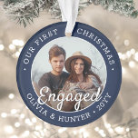 2 Photo Engagement 1st Christmas Navy Blue & White Ornament<br><div class="desc">Celebrate the joyful 1st holiday of your engagement with a custom 2 photo "Our First Christmas Engaged" navy blue and white round acrylic ornament. All text and images on this template are simple to personalise and can be different or the same on front and back. (IMAGE & TEXT DESIGN TIPS:...</div>