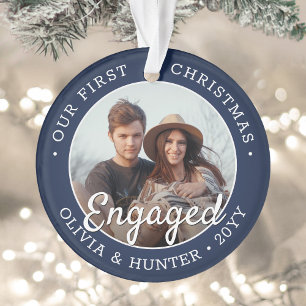 2 Photo Engagement 1st Christmas Navy Blue & White Ornament