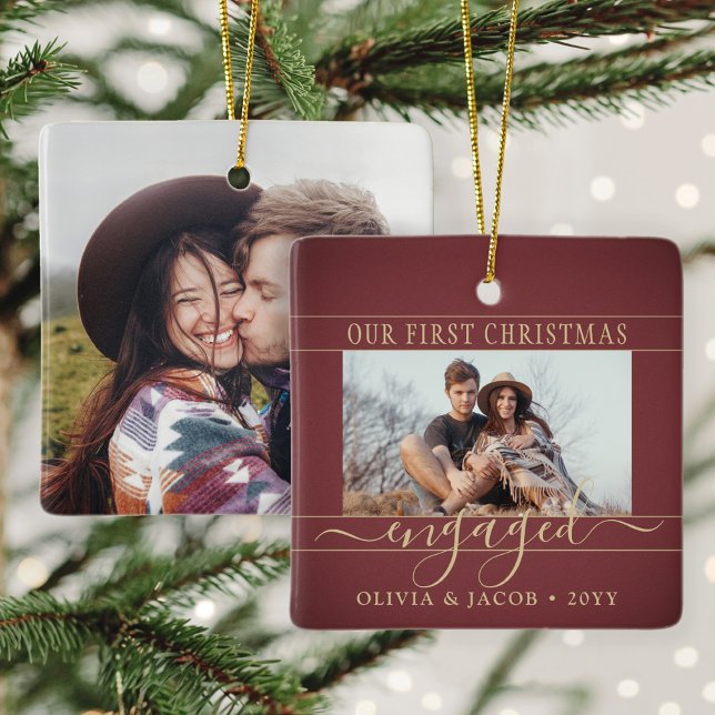 2 Photo Engagement First Christmas Burgundy & Gold Ceramic Ornament (Creator Uploaded)