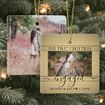 2 Photo Engagement First Christmas Faux Gold Black Ceramic Ornament<br><div class="desc">Celebrate the joyful 1st holiday of your engagement with a custom 2 photo "Our First Christmas Engaged" square black and gold ceramic ornament. All text and images on this template are simple to personalize. (IMAGE PLACEMENT TIP: An easy way to center a photo exactly how you want is to crop...</div>