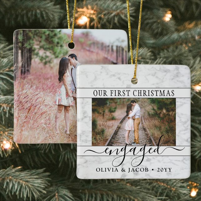 2 Photo Engagement First Christmas Faux Marble Ceramic Ornament (Creator Uploaded)