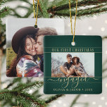 2 Photo Engagement First Christmas Green and Gold Ceramic Ornament<br><div class="desc">Celebrate the joyful 1st holiday of your engagement with a custom 2 photo "Our First Christmas Engaged" square green and gold ceramic ornament. All text and images on this template are simple to personalize. (IMAGE PLACEMENT TIP: An easy way to center a photo exactly how you want is to crop...</div>