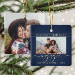 2 Photo Engagement First Christmas Navy Blue Gold Ceramic Ornament<br><div class="desc">Celebrate the joyful 1st holiday of your engagement with a custom 2 photo "Our First Christmas Engaged" square navy blue and gold ceramic ornament. All text and images on this template are simple to personalise. (IMAGE PLACEMENT TIP: An easy way to centre a photo exactly how you want is to...</div>