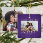 2 Photo Engagement First Christmas Purple and Gold Ceramic Ornament<br><div class="desc">Celebrate the joyful 1st holiday of your engagement with a custom 2 photo "Our First Christmas Engaged" purple and gold square ceramic ornament. All text and images on this template are simple to personalise. (IMAGE PLACEMENT TIP: An easy way to centre a photo exactly how you want is to crop...</div>
