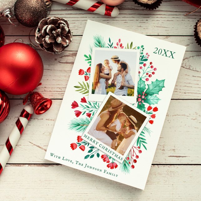 2 Photo Family Christmas Card Watercolor Foliage (2 Photo Family Christmas Card Watercolor Foliage)