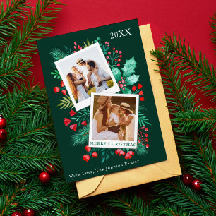 2 Photo Family Christmas Card Watercolor Foliage