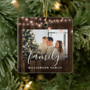 2 Photo Family Wood and Lights Holiday  Ceramic Ornament