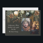 2 Photo Festive Elegant Greenery  Holiday Card<br><div class="desc">This 2 photo Christmas card features a festive watercolor evergreen design on a dark green background. Easily customise this using the personalisation feature.</div>