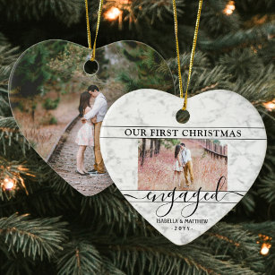 2 Photo First Christmas Engaged Faux Marble Heart Ceramic Tree Decoration