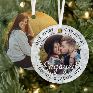 2 Photo First Christmas Engaged Faux Marble Round  Metal Tree Decoration