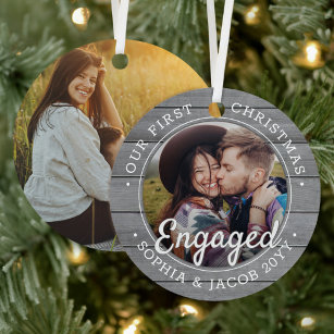 2 Photo First Christmas Engaged Grey Faux Wood Metal Tree Decoration
