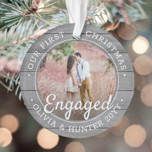 2 Photo First Christmas Engaged Grey Faux Wood Ornament