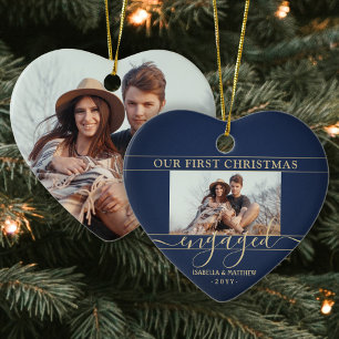 2 Photo First Christmas Engaged Navy & Gold Heart Ceramic Tree Decoration