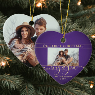 2 Photo First Christmas Engaged Purple Gold Heart Ceramic Tree Decoration