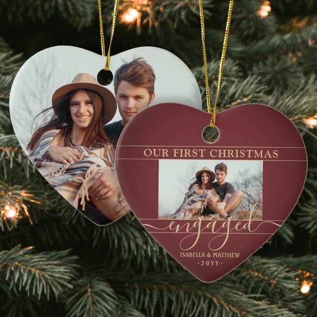 2 Photo First Christmas Engaged Red and Gold Heart Ceramic Tree Decoration (Creator Uploaded)
