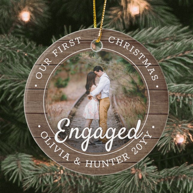 2 Photo First Christmas Engaged Rustic Faux Wood Ceramic Tree Decoration (Creator Uploaded)