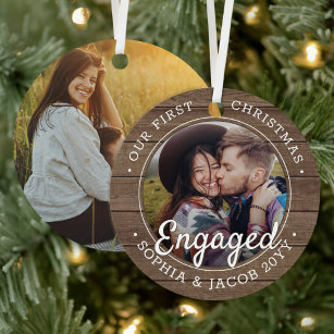 2 Photo First Christmas Engaged Rustic Faux Wood Metal Tree Decoration