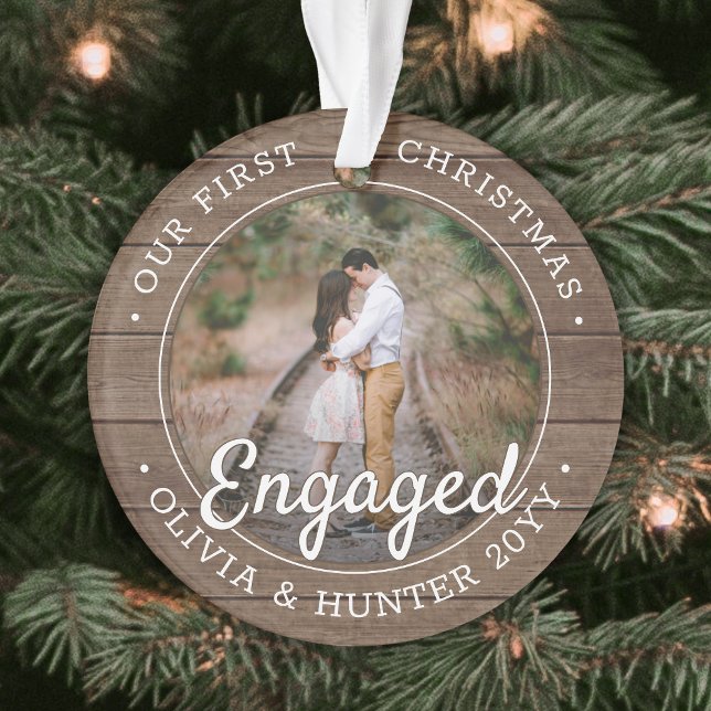 2 Photo First Christmas Engaged Rustic Faux Wood Ornament (Creator Uploaded)