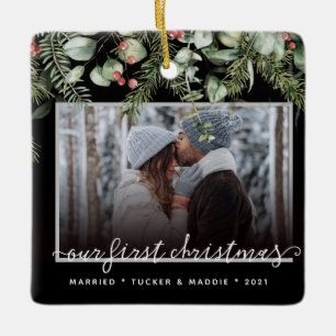 2 Photo First Christmas Married Photo Greenery Ceramic Ornament