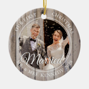 2 Photo First Christmas Married Wood Ceramic Tree Decoration