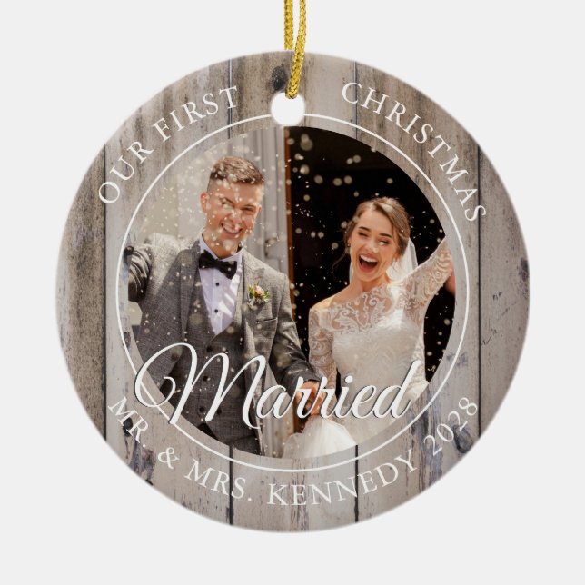 2 Photo First Christmas Married Wood Ceramic Tree Decoration (Front)