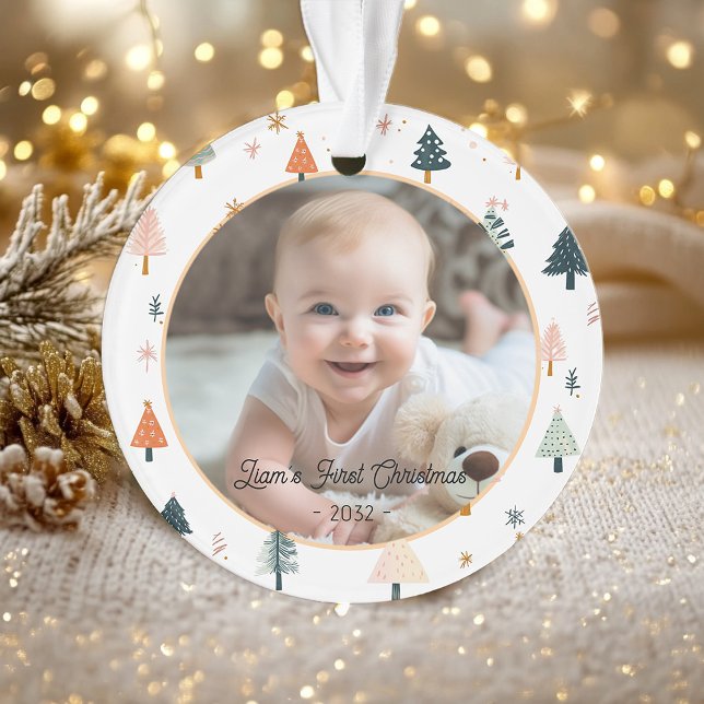 2 Photo "First Christmas" Nordic Tree Pattern Ornament (2 Photo "First Christmas" Nordic Tree Pattern Ornament)