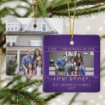 2 Photo First Christmas Our New Home Purple & Gold Ceramic Ornament<br><div class="desc">Celebrate the joy of your new place with a custom 2 photo "First Christmas in our New Home" purple and gold square ceramic ornament. Text and pictures on this template are simple to personalise. (IMAGE PLACEMENT TIP: An easy way to centre a photo exactly how you want is to crop...</div>