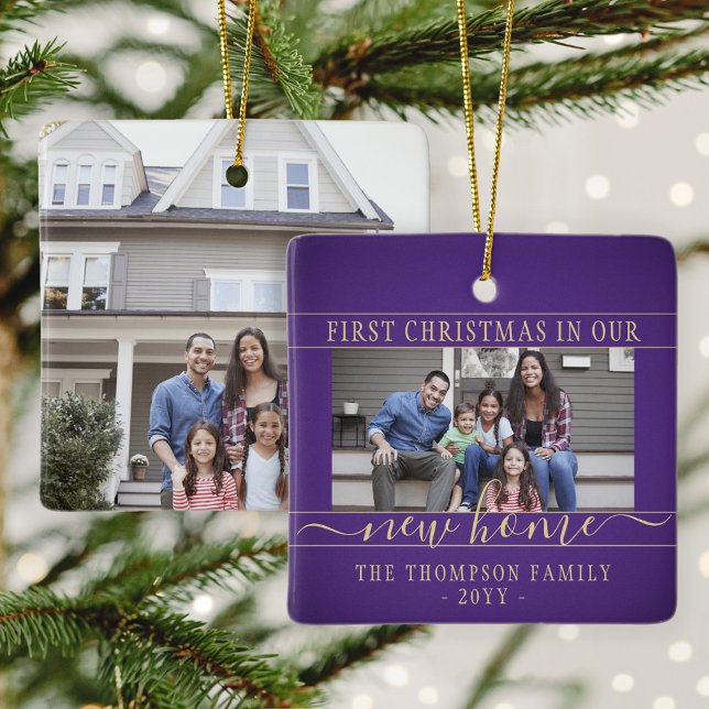2 Photo First Christmas Our New Home Purple & Gold Ceramic Ornament (Creator Uploaded)