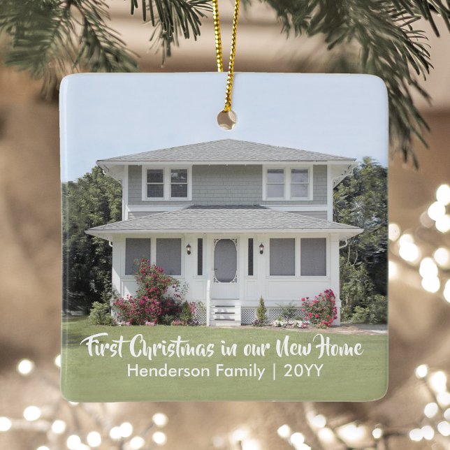 2 Photo First Xmas New Home Chic Modern Script Ceramic Ornament (Creator Uploaded)