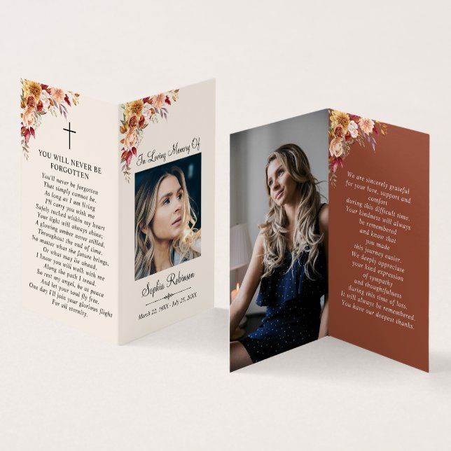 2 Photo Floral Memorial Folder Cream Prayer Card (Inside and Outside)