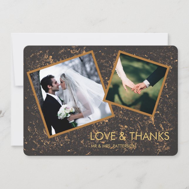 2 Photo Frame Gold and Black Wedding Thank You Card (Front)