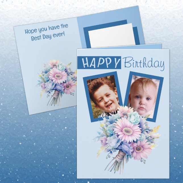 2 photo gerbera blue birthday card (Creator Uploaded)
