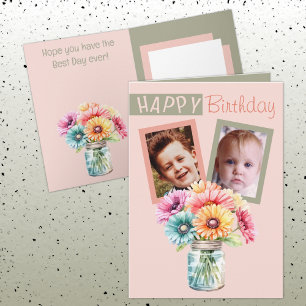 2 photo gerbera coral green birthday card