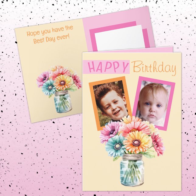 2 photo gerbera orange pink birthday card (Creator Uploaded)
