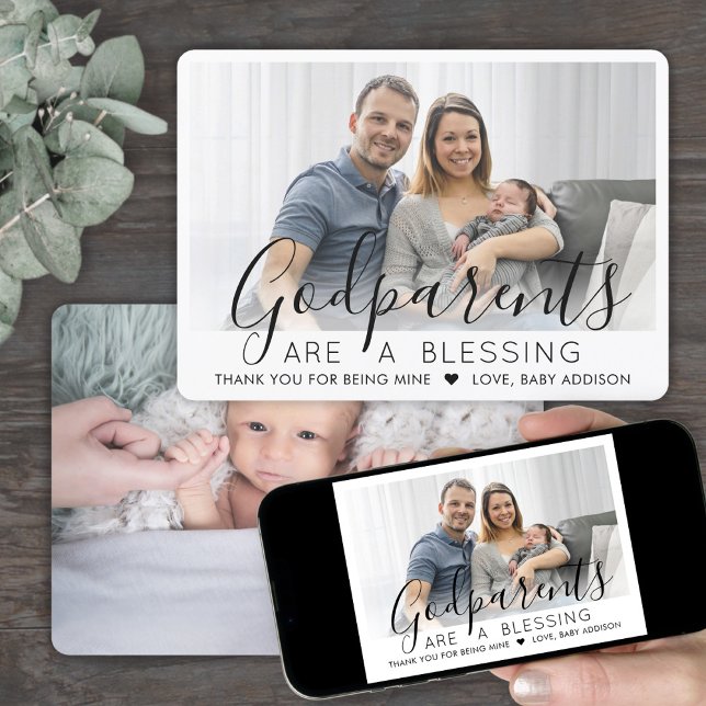 2 Photo Godparents Modern Baptism or Christening Thank You Card (Creator Uploaded)