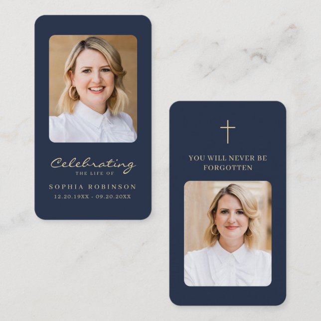 2 Photo Gold Script Funeral Blue Prayer Card (Front/Back)