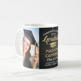 2 Photo Graduation Brushed Black Gold and White Coffee Mug