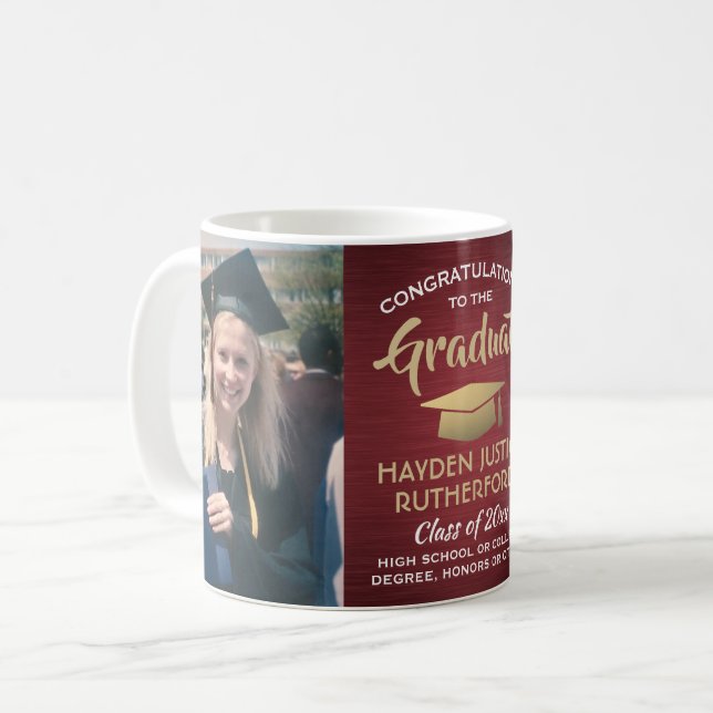 2 Photo Graduation Brushed Burgundy Red Gold White Coffee Mug (Front Left)