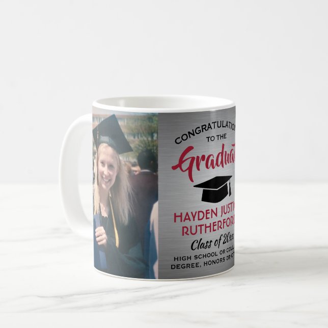 2 Photo Graduation Brushed Grey Red and Black Coffee Mug (Front Left)
