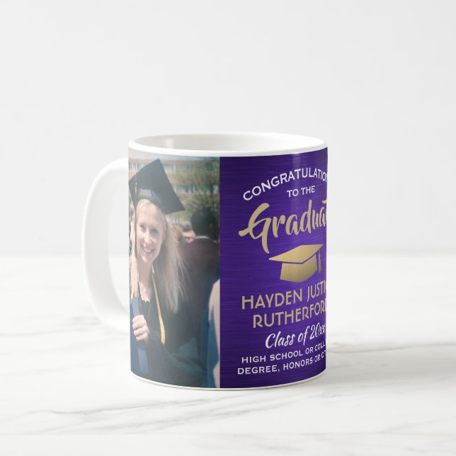 2 Photo Graduation Brushed Purple Gold and White Coffee Mug (Front Left)