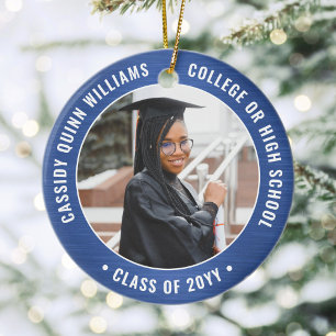 2 Photo Graduation Brushed Royal Blue and White Ceramic Tree Decoration