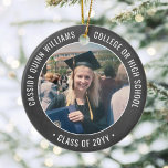 2 Photo Graduation Chalkboard Elegant Black White Ceramic Tree Decoration<br><div class="desc">Commemorate the graduate's achievement with an elegant black and white faux chalkboard custom two photo round graduation Christmas ornament. Pictures and all text are simple to customise and can be different on front and back. (IMAGE & TEXT DESIGN TIPS: 1) To adjust position of wording, add spaces at beginning or...</div>