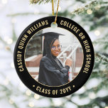 2 Photo Graduation Class Year & School Black Gold Ceramic Tree Decoration<br><div class="desc">Commemorate the graduate's achievement with an elegant black and gold custom two photo round graduation Christmas ornament. Pictures and all text are simple to customise and can be different on front and back. (IMAGE & TEXT DESIGN TIPS: 1) To adjust position of wording, add spaces at beginning or end. 2)...</div>