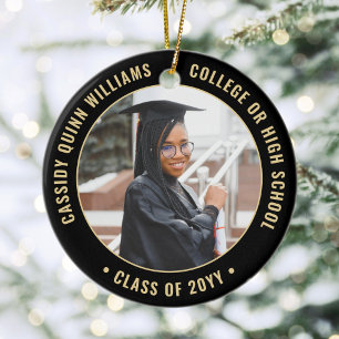 2 Photo Graduation Class Year & School Black Gold Ceramic Tree Decoration