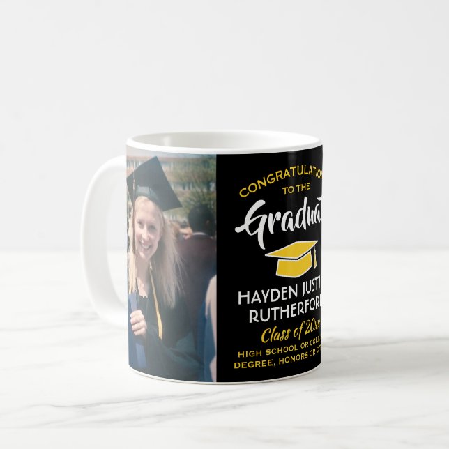 2 Photo Graduation Congrats Black Gold Yellow Coffee Mug (Front Left)