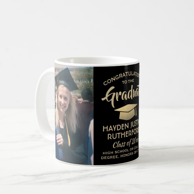 2 Photo Graduation Congrats Elegant Black and Gold Coffee Mug (Front Left)