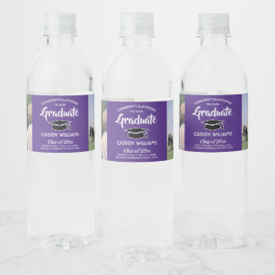 2 Photo Graduation Congrats Elegant Purple & White Water Bottle Label