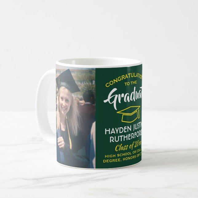 2 Photo Graduation Congrats Green Gold Yellow Coffee Mug (Front Left)