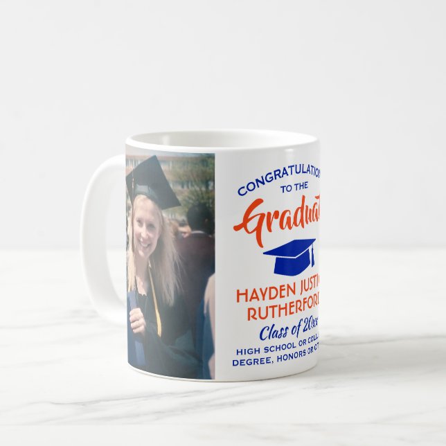 2 Photo Graduation Congrats Modern Orange and Blue Coffee Mug (Front Left)