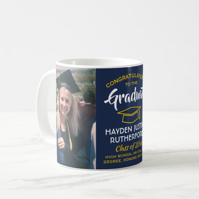 2 Photo Graduation Congrats Navy Blue Gold Yellow Coffee Mug (Front Left)